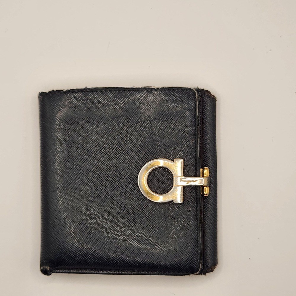 Salvatore Ferragamo Gancini Authentic Black Leather Wallet with Gold Hardware